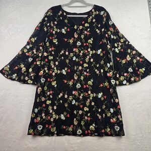 Tahari Arthur S Levine‎ Womens Black Floral Dress Size 14 Bell Sleeves Sequin